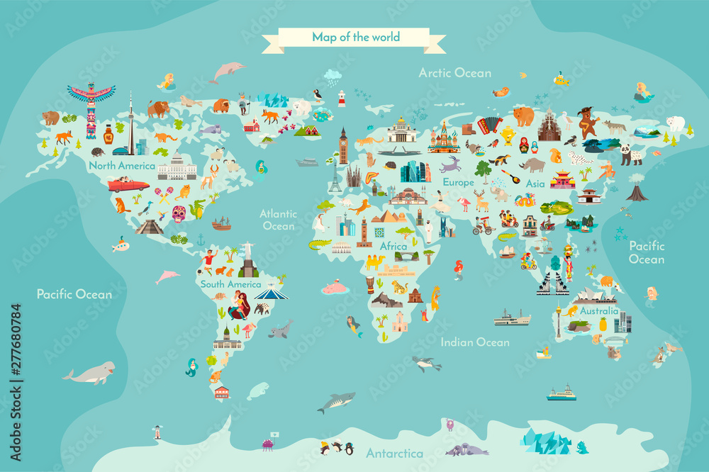 Landmarks world map vector cartoon illustration. World vector poster for children, cute illustrated - obrazy, fototapety, plakaty 