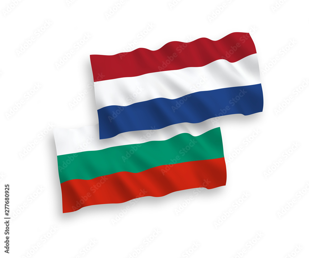 Fototapeta premium National vector fabric wave flags of Bulgaria and Netherlands isolated on white background. 1 to 2 proportion.