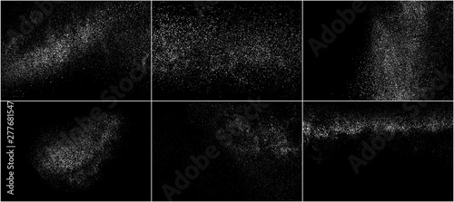 Set of White Grainy Texture Isolated On Black Background. Dust Overlay Texture. Noise Particles. Snow Effects Pack. Digitally Generated Image. Vector Illustration, EPS 10.