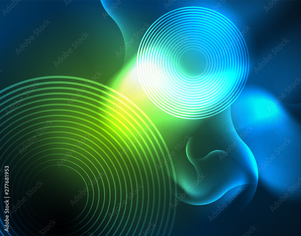 Fototapeta premium Neon glowing wave lines, blue hi-tech futuristic abstract background template