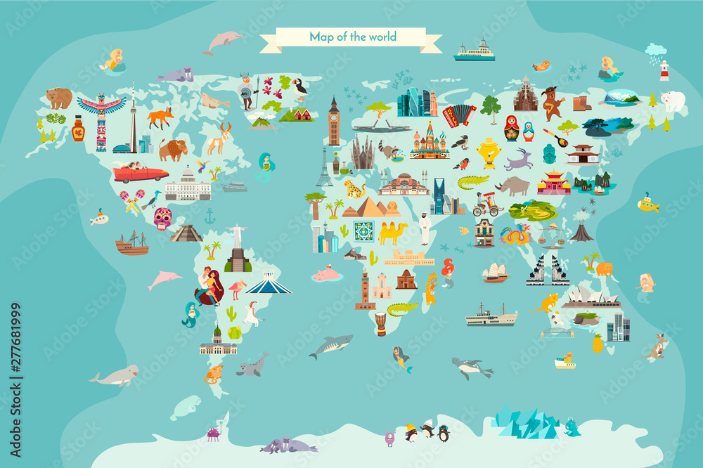 Landmarks world map vector cartoon illustration. Cartoon globe vector illustration.Oceans and continent: South America, Eurasia, North America, Africa, Australia