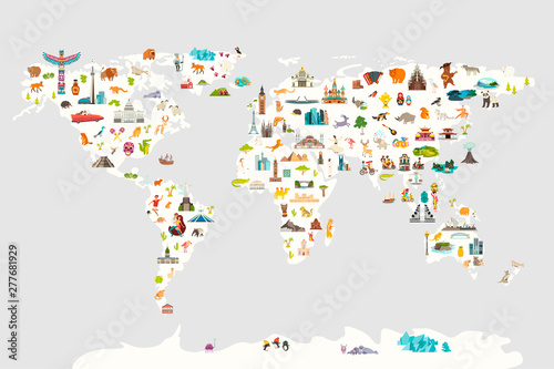 Landmarks world map vector cartoon illustration. Cartoon globe vector illustration. Oceans and continent: South America, Eurasia, North America, Africa, Australia