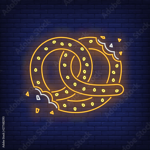 Bitten salty pretzel neon sign. Oktoberfest, appetizer, food design. Night bright neon sign, colorful billboard, light banner. Vector illustration in neon style.
