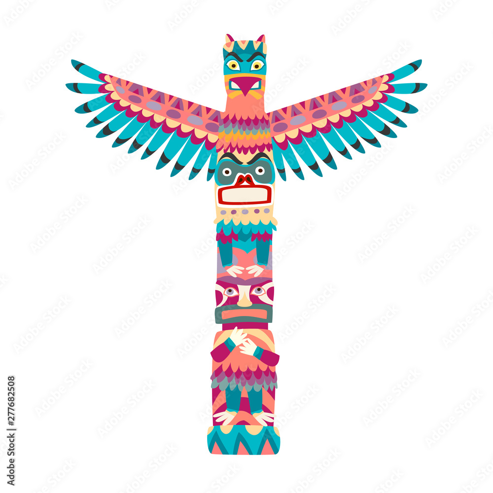 Totem poles vector illustration. Totem pole with tiki mask flat cartoon  style icon isolated on white background Векторный объект Stock | Adobe Stock