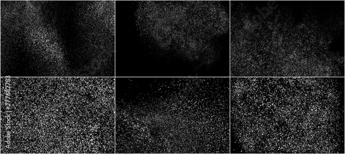 Set of White Grainy Texture Isolated On Black Background. Dust Overlay Texture. Noise Particles. Snow Effects Pack. Digitally Generated Image. Vector Illustration, EPS 10.