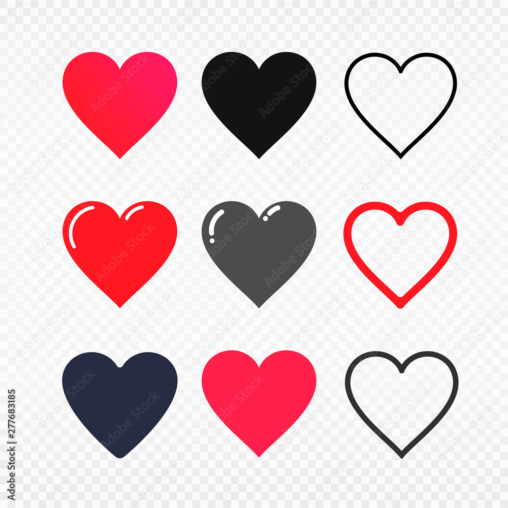 Set of Love symbol icon. Heart symbol in red and black colors. Heart vector illustrations. Isolated on transparent background.