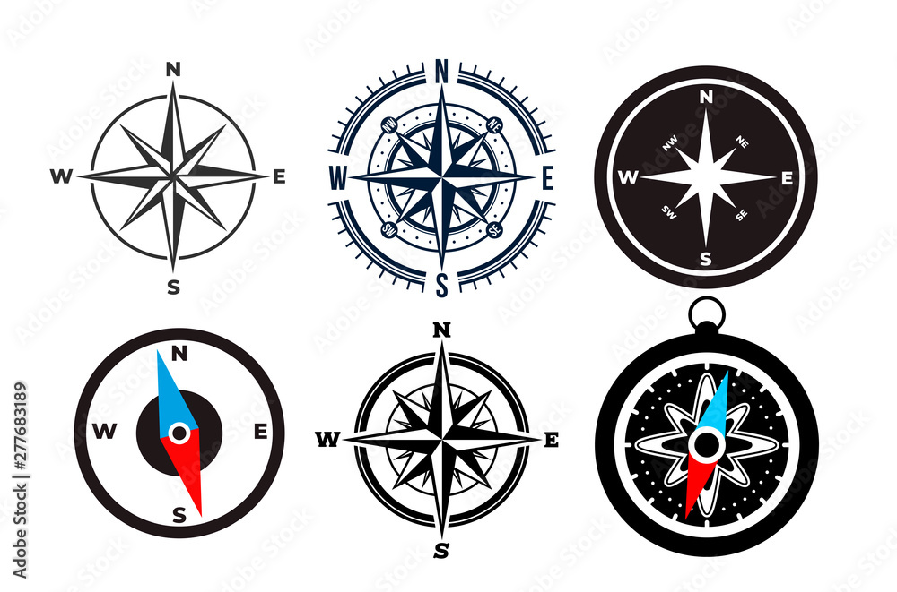 Set of compass icon in simple design. Flat design element. Vector illustration. Isolated on white background.