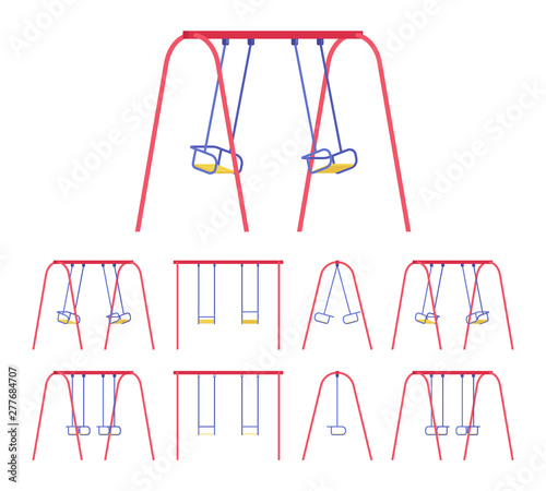 Swings set for park or garden use. Two seat play equipment for children to enjoy, outdoor playground, backyard fun. Vector flat style cartoon illustration isolated on white background, different views