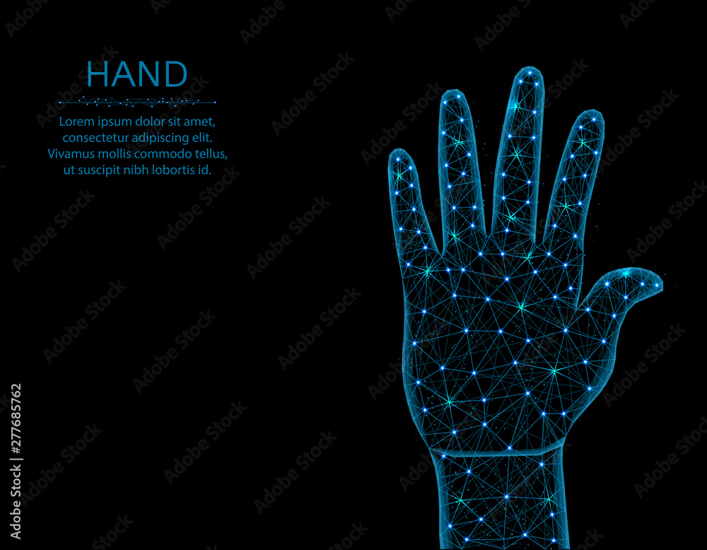 Human hand low poly model, gesture in polygonal style, body part wireframe vector illustration made from points and lines on a black background Human hand low poly model, gesture in polygonal style, body part wireframe vector illustration made from points and lines on a black background