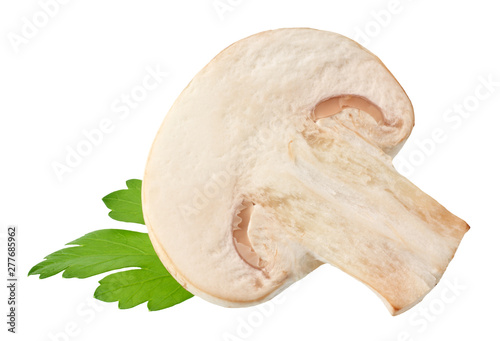 mushrooms with slices and parsley leaf isolated on white background