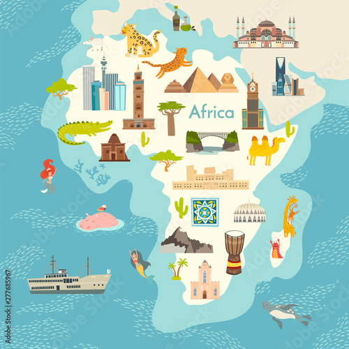 Africa continent, world map with landmarks vector cartoon illustration. Abstract African landmarks, animals, sign and icon cartoon style.  Poster, art, travel card