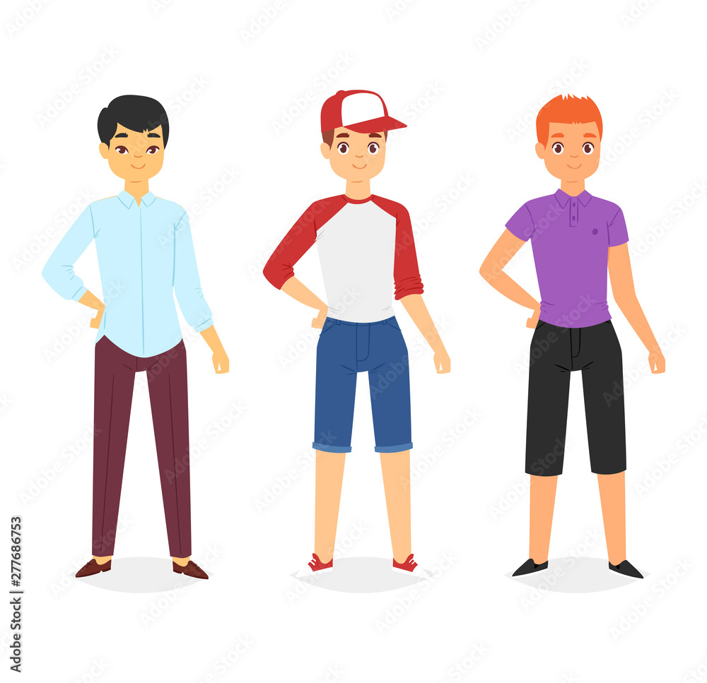 Man look fashion character clothing vector boy cartoon dress up clothes with fashion pants or shoes illustration boyish men boy T-short isolated on white background