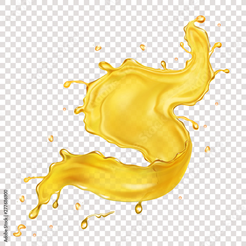 Orange liquid splash. Mango, pineapple, banana juice realistic vector icon