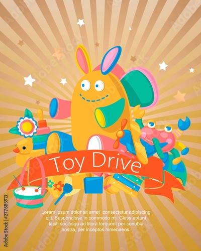 Toy drive set for babies poster, card vector illustration. Cute objects for small children to play with, wooden and plastic toys, animals such as duck, rabbit. Fun and activity.