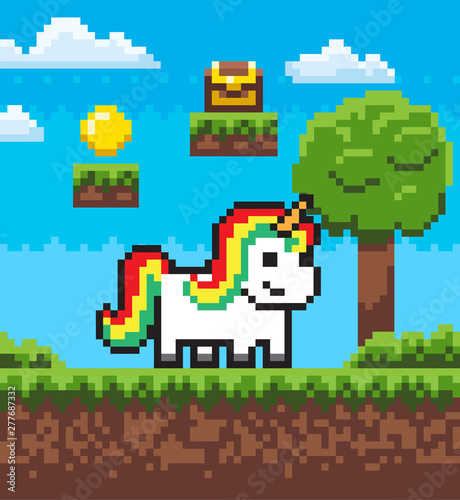 Unicorn standing on grass, award sign coin and box on ground steps, fairytale character outdoor, interface of adventure pixel game with horse vector, pixelated park with animal