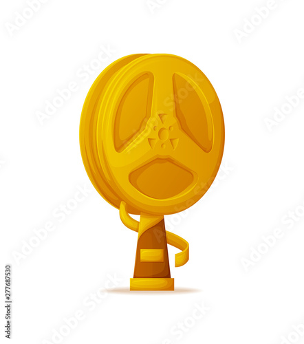 Trophy for cinema achievements vector, gold bobbin isolated icon. Reward in shape of reel with stripe on pedestal with name table, champion reward