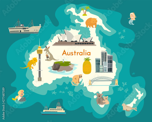 Australia continent, world vector map with landmarks cartoon illustration