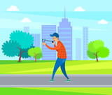 Smiling elderly male targeting with slingshot, side and full length view of aged man wearing casual clothes, cap and glasses holding catapult vector