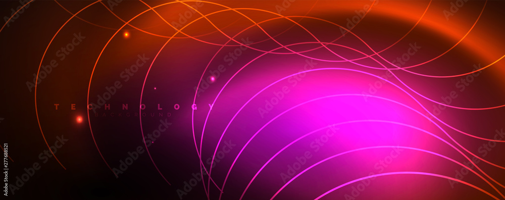 Bright neon circles and wave lines, glowing shiny background design template, digital techno concept. Bright neon circles and wave lines, glowing shiny background design template, digital techno concept.