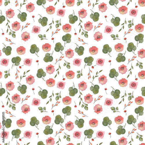 Beautiful watercolor floral and herbs seamless pattern with colorful flowers and leaves on white background. Botanical hand drawn illustration. Vintage wallpaper spring and summer season.