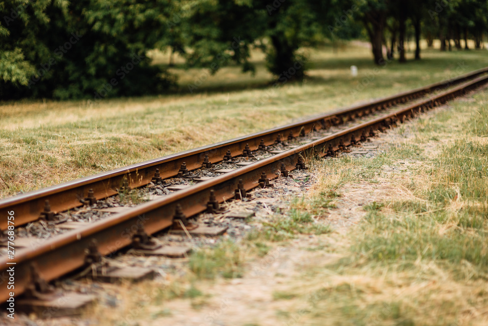 Old, rusty, abandoned railway rails, stretching into the distance. Grass grows around the railroad tracks. Abandoned railway. Transport background. Old, rusty, abandoned railway rails, stretching into the distance. Grass grows around the railroad tracks. Abandoned railway. Transport background.