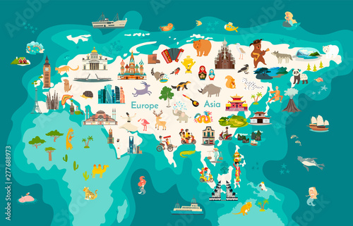 Fototapeta Eurasia continent, world map with landmarks vector cartoon illustration