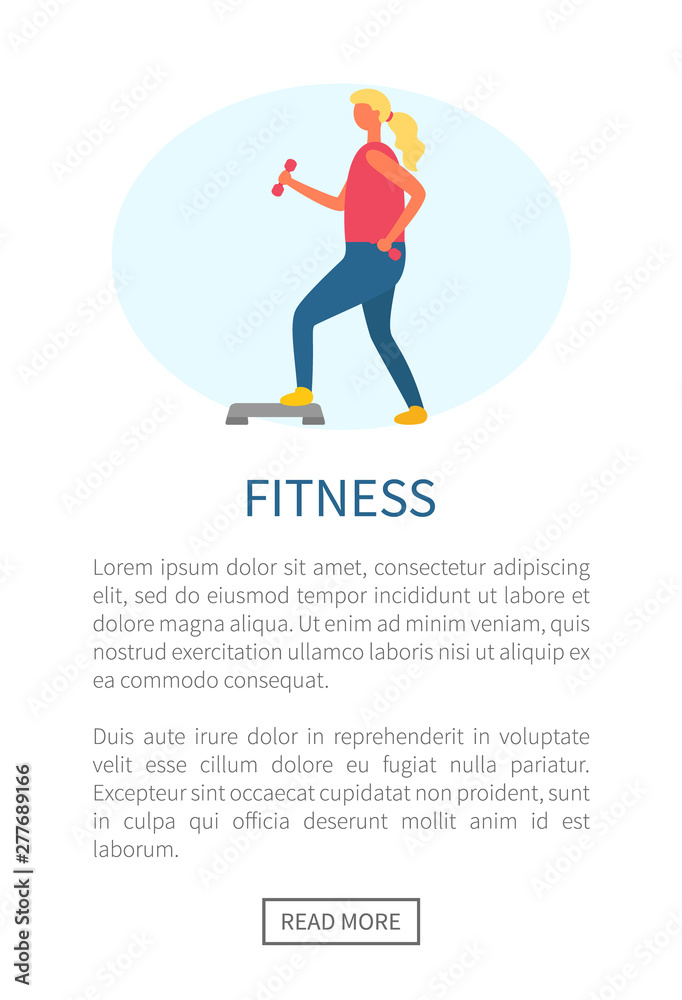 Fitness sporty webpage, side view of woman doing exercise with dumbbells on step, loss weight, active lifestyle, workout website with girl vector