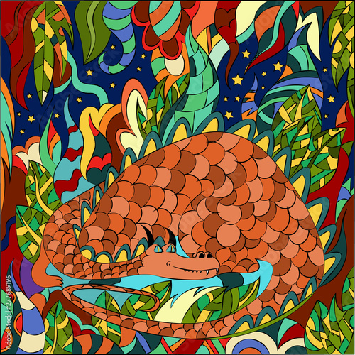 Vector illustration of fatastic plants and a big dragon. Abstract graphics for wallpapers, textile backgrounds and book covers.