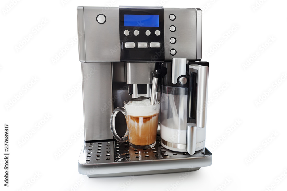 automatic coffee maker with cup of coffee and milk jug automatic coffee maker with cup of coffee and milk jug
