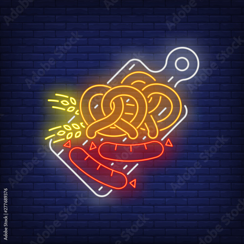 Pretzels, sausages and barley ears on cutting board neon sign. Oktoberfest, appetizer, food design. Night bright neon sign, colorful billboard, light banner. Vector illustration in neon style.