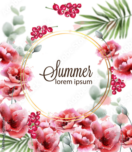 Poppy pink flowers card Vector watercolor. Summer floral decor round frames