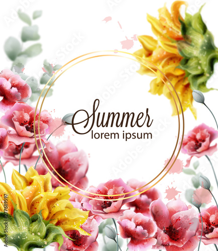 Poppy and sunflowers card Vector watercolor. Summer floral decor frames