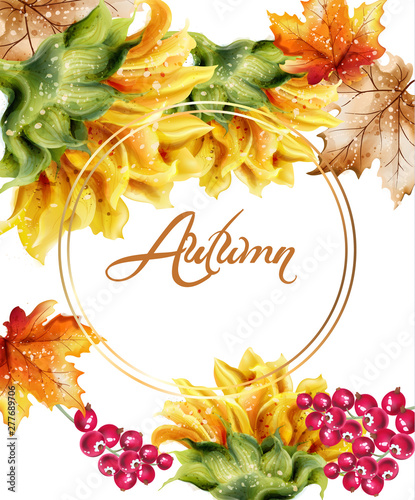 Sunflowers card Vector watercolor. Autumn fall floral frame decor