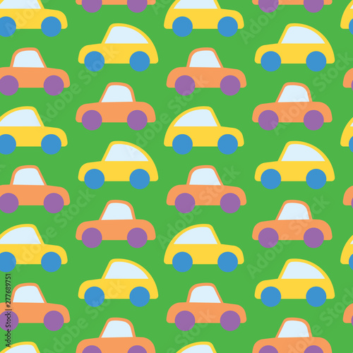 Car icon. Toy illustration. Vector seamless pattern. Wheel, window. Customized fun background. For cards, baby shower, paper, fabric, wallpaper. 