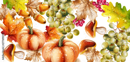Autumn fall vegetables Vector watercolor. pumpkin, sunflower and mushrooms il...