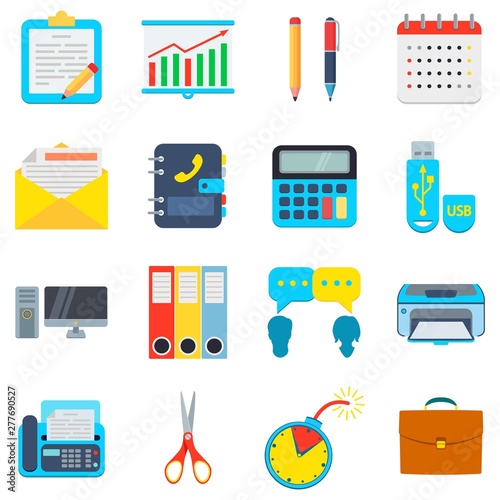 Set of office colorful icons isolated on white background. Vector flat illustration.