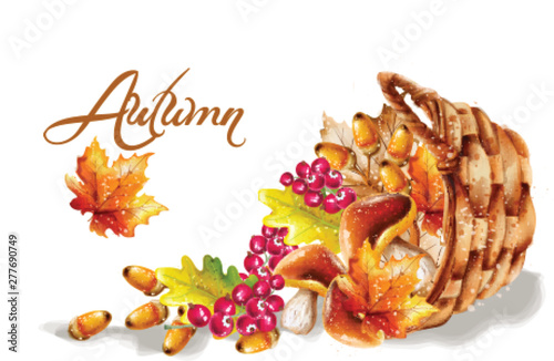 Autumn card Vector watercolor. Fall harvest grapes basket illustrations
