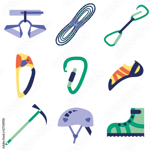 Climbing, hiking, trekking, camping, speleology and ice climbing equipment vector set. Vector flat icons