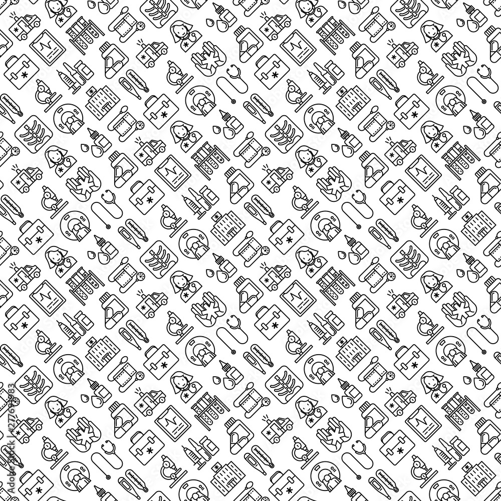 Medicine seamless pattern with thin line icons: doctor, ambulance ...