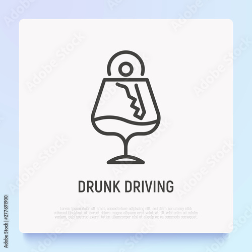 Drunk driving thin line icon: car key in wineglass with alcohol. Vector illustration.