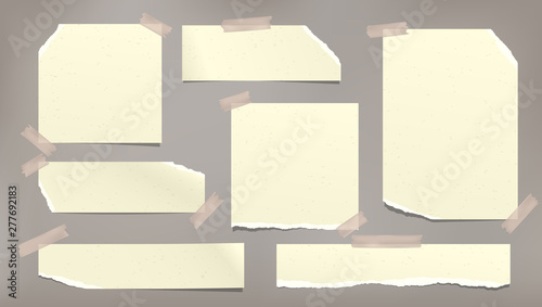 Wallpaper Mural Yellow ripped, torn note, notebook paper strips stuck with sticky tape on brown background. Vector illustration Torontodigital.ca