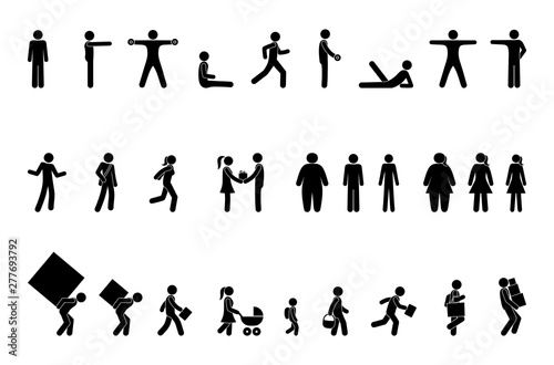 man icon, different situations, pictogram people, stick figure character set, sport and exercise, overweight and lifestyle, weightlifting