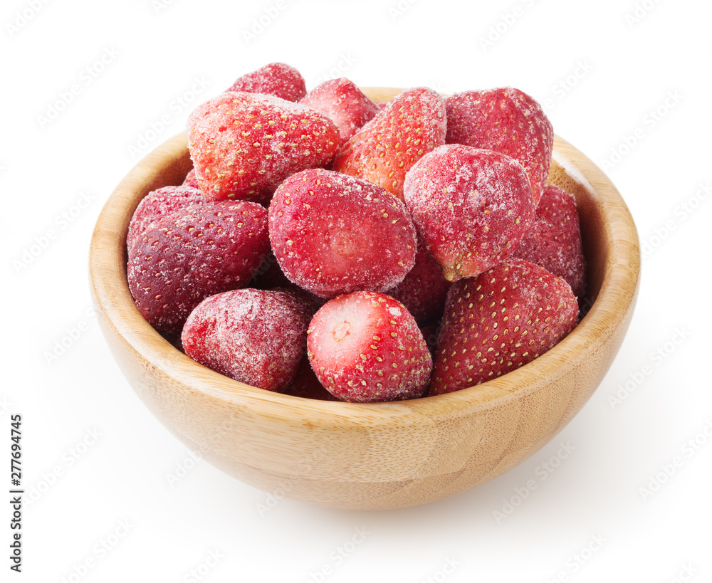 Frozen strawberries in wooden bowl isolated on white background Frozen strawberries in wooden bowl isolated on white background