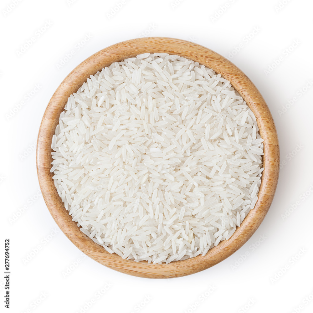 White rice in wooden bowl isolated on white background with clipping path