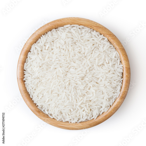 Obraz na płótnie White rice in wooden bowl isolated on white background with clipping path w salonie