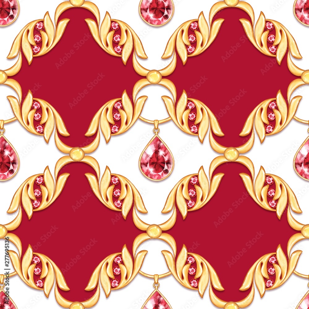 Fototapeta premium Seamless pattern with gems and golden scrolls