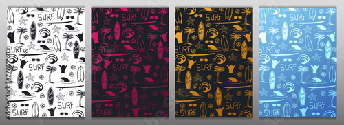 Set of Summer Surf hand draw backgrounds with Surfboard, Wave, Palm tree and shark.
