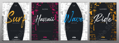 Set of Summer Surfing Posters for Surf Club or Shop with hand draw background and Surfboard.