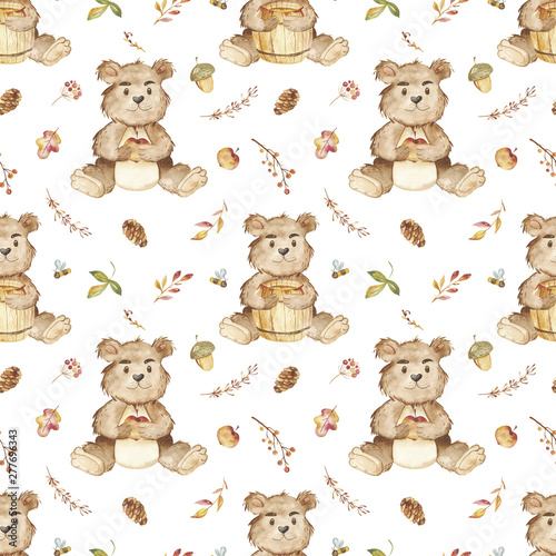 Watercolor seamless pattern with bear, hedgehog, honey, autumn leaves. Texture for wallpaper, fabric, autumn design, textile, packaging, baby shower, logo, prints, cover design, nursery.