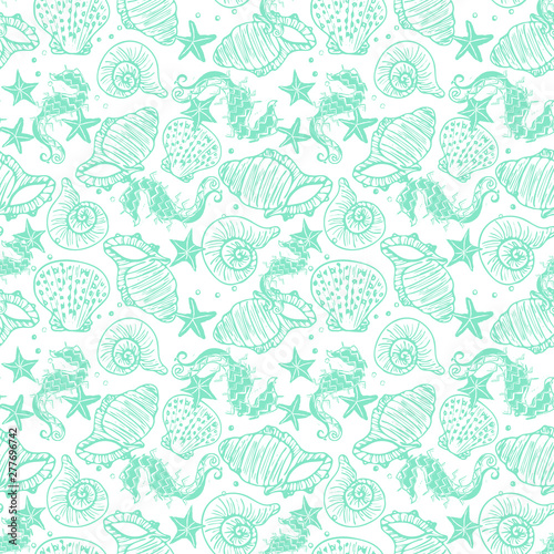 Green line art seahorse, starfish and seashell seamless vector pattern on white background.